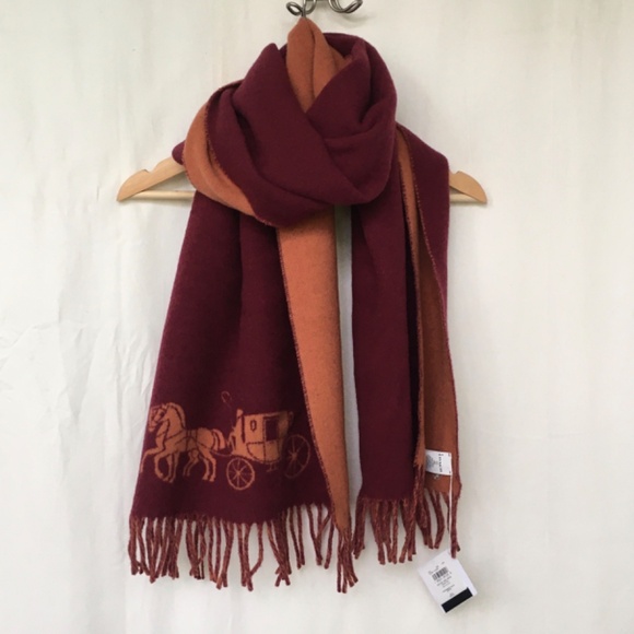 Double faced wool Coach logo scarf - maroon & orange - 'cherry/ginger' - Picture 1 of 9